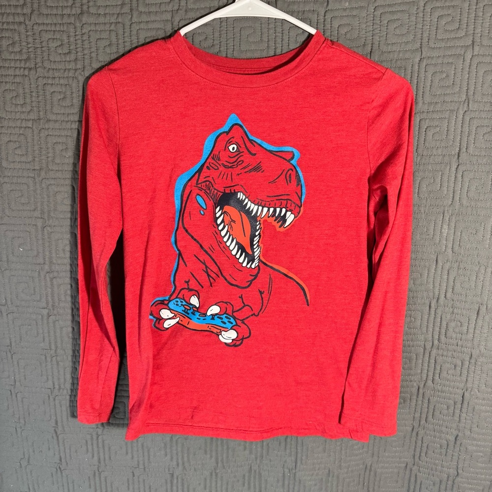 Cat & Jack T-Shirt Boys Size Medium 8/10 Red Dinosaur Gamer Long Sleeve